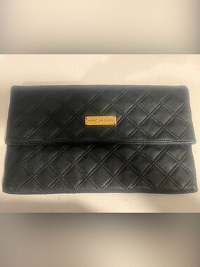 Marc Jacobs Black Quilted Leather Fold-Over Clutch with Gold Plaque